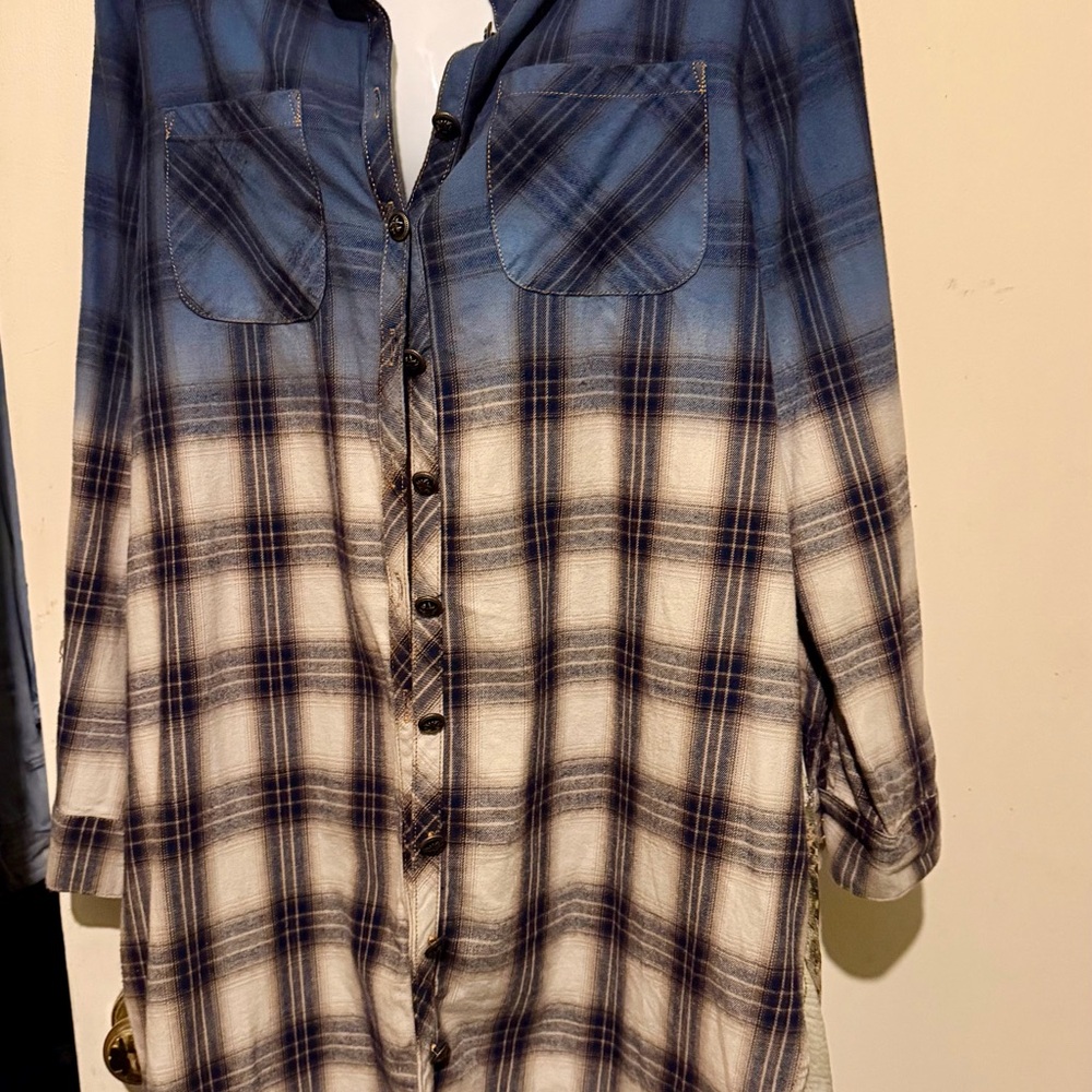 Women’s Long Sleeve Plaid Button-Front Dress - Blue/White
